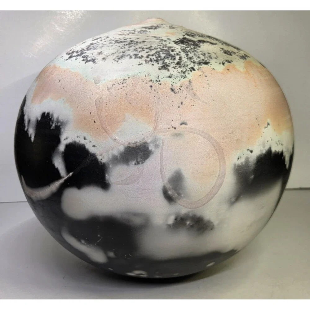 Ceramic Sphere Art Pottery Orb Signed Raku Round Sculpture Fire Pit Abstract